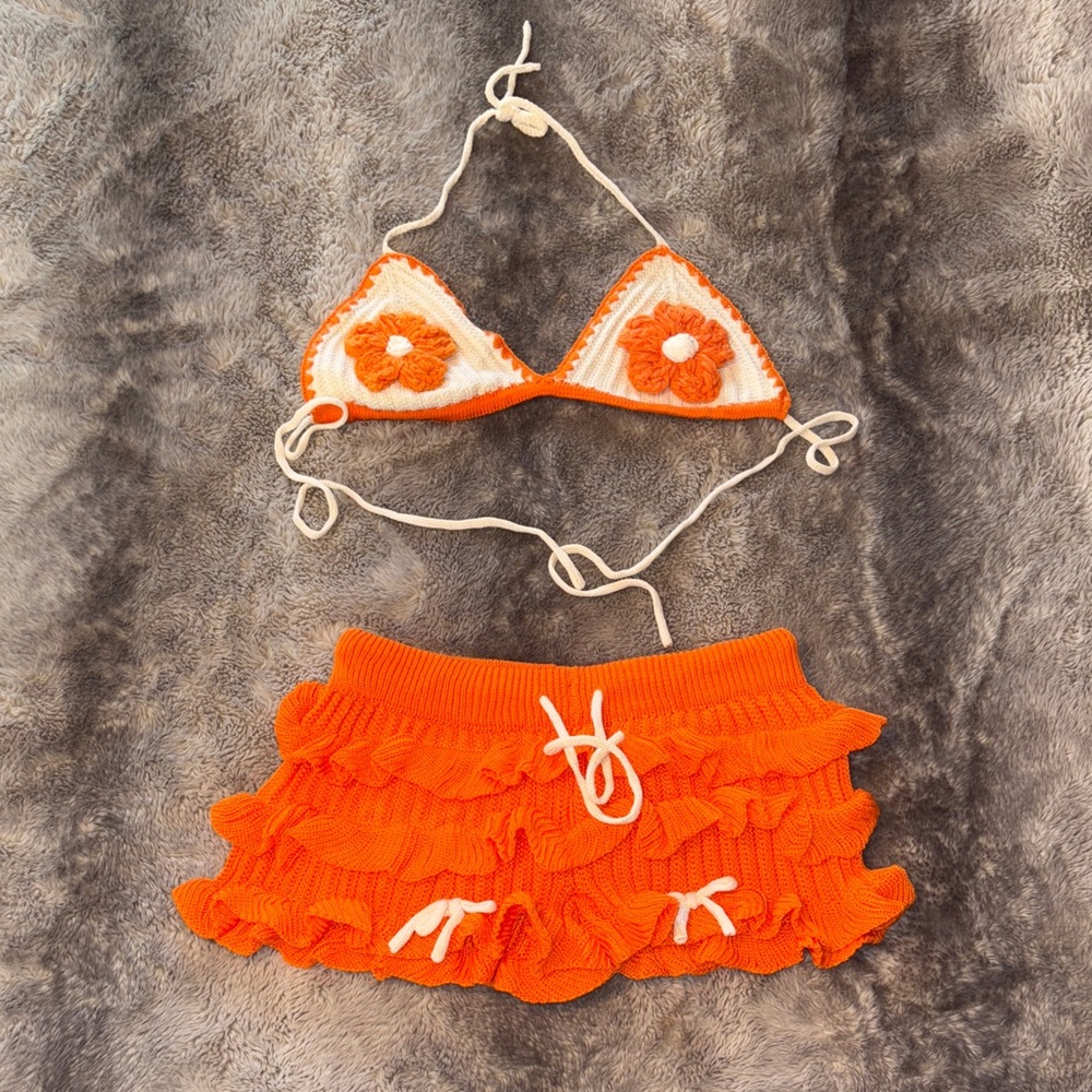 Orange Women's Crochet Knitted Beach Resort Outfit Set 🧡